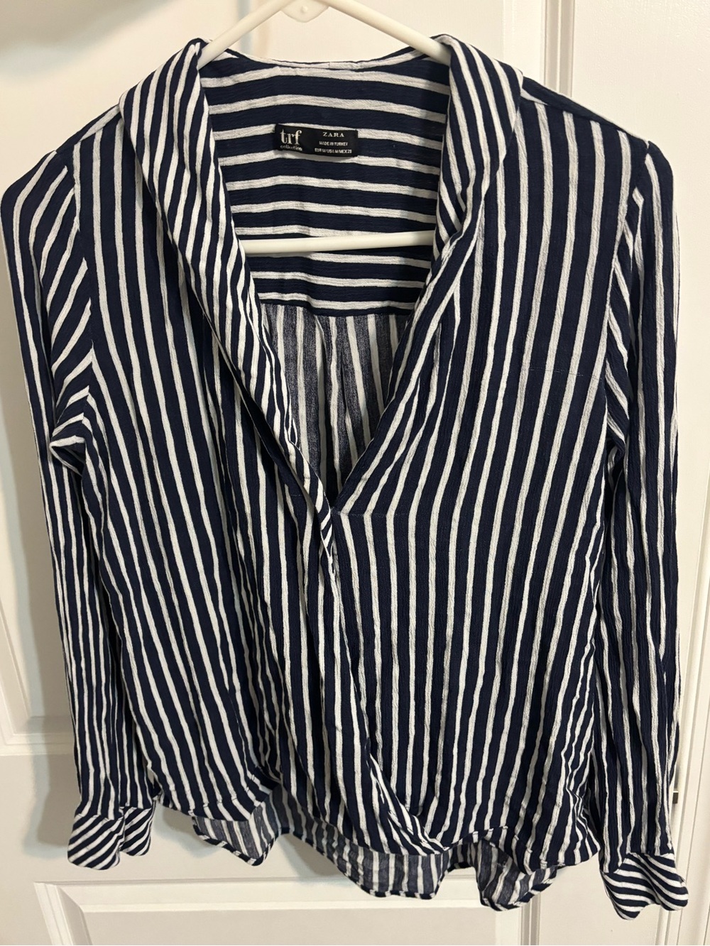 Zara Navy & White Vertical Stripe Wrap-Style Blouse